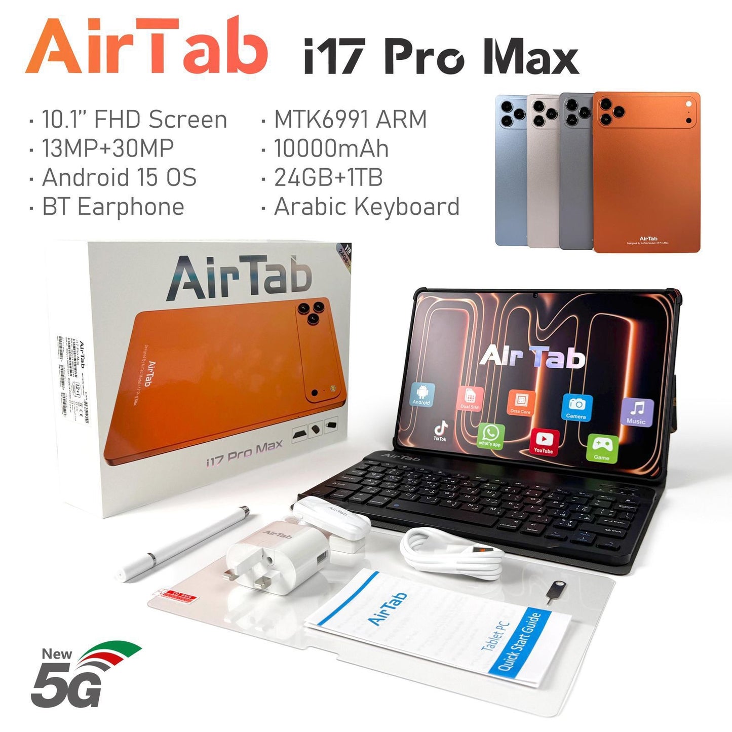 AirTab i17 Pro Max - 10.1" FHD Tablet with Arabic Keyboard | 24GB+1TB | 5G